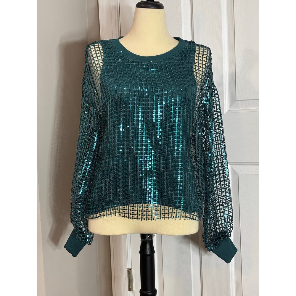 Pilcro Anthropologie Sequin Top Balloon Sleeve Sz M Blue Green Top - Picture 5 of 11
